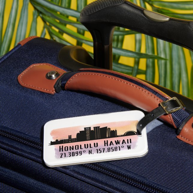 Honolulu Skyline Latitude and Longitude  Luggage Tag (Front Insitu 3)