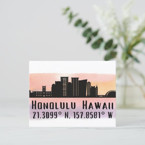Honolulu Skyline Latitude and Longitude  Postcard