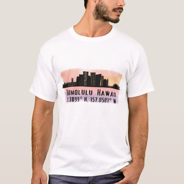 Honolulu Skyline Latitude and Longitude  T-Shirt (Front)