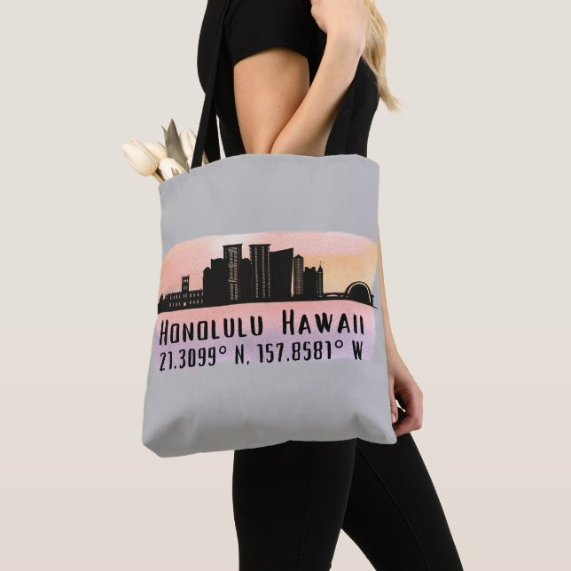 Honolulu Skyline Latitude and Longitude  Tote Bag (Close Up)