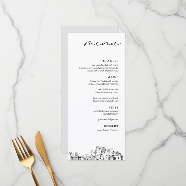 Honolulu Skyline Modern Wedding Dinner Menu (Front/Back In Situ)