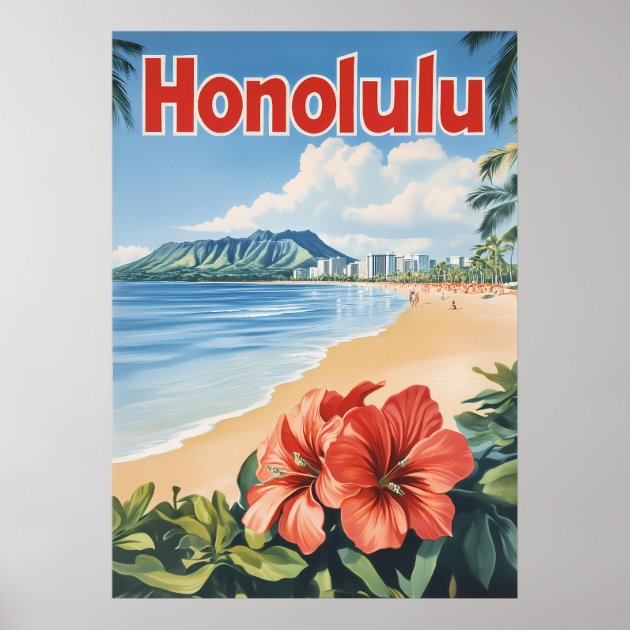 Vintage Honolulu Hawaii Travel Poster Fridge Magnet - Souvenir