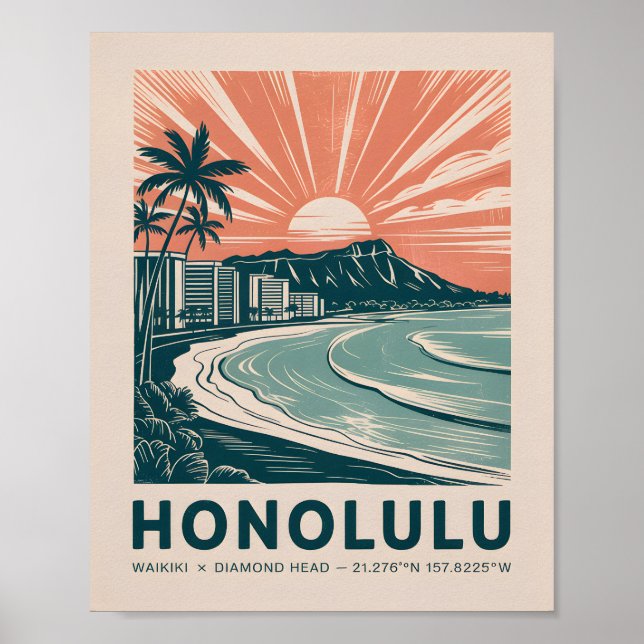 Honolulu Waikiki Diamond Head Scenic Retro Travel Poster (Front)