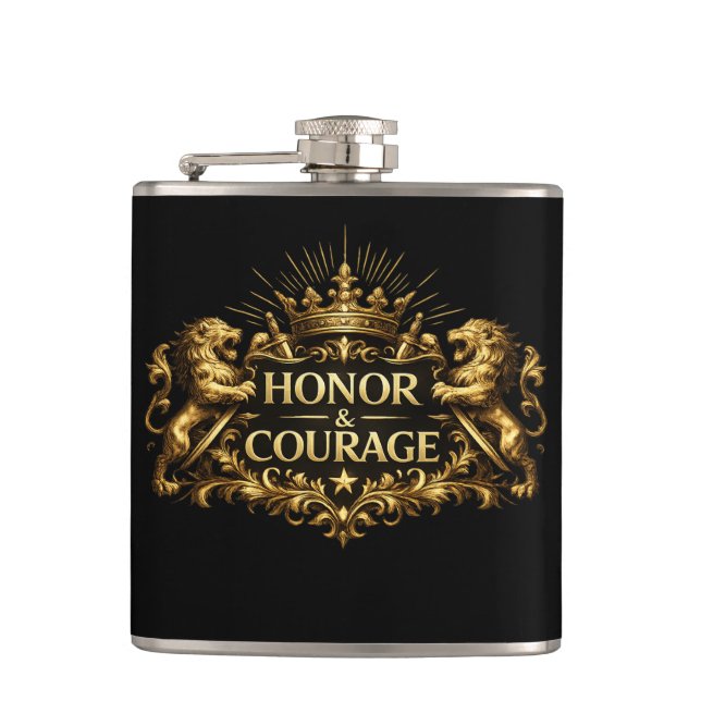 Honor and Courage Black Stainless Steel Hip Flask (Front)