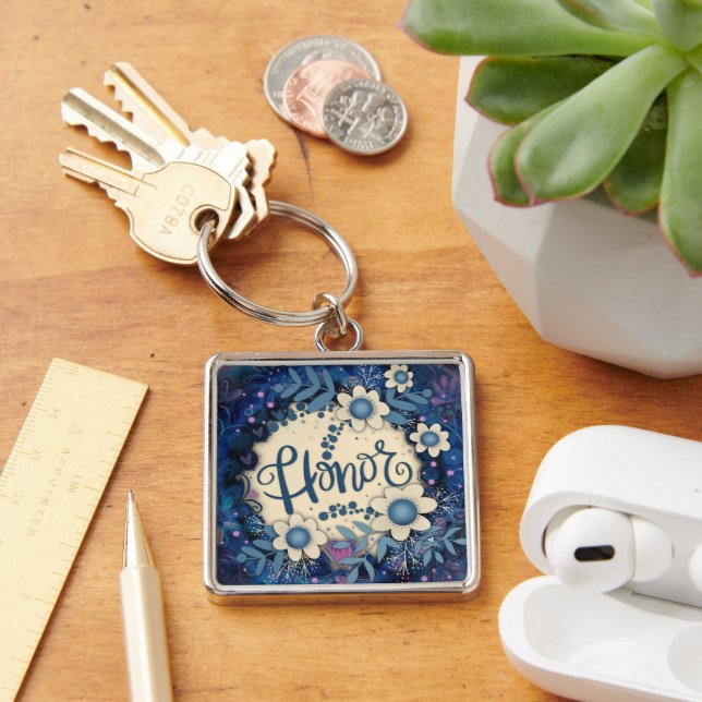 Honor Inspirational Heart Floral Pretty Blue Keychain (Desk)