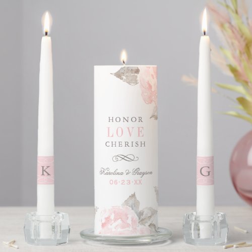 Honor Love Cherish Pink Watercolor Rose Wedding Unity Candle Set