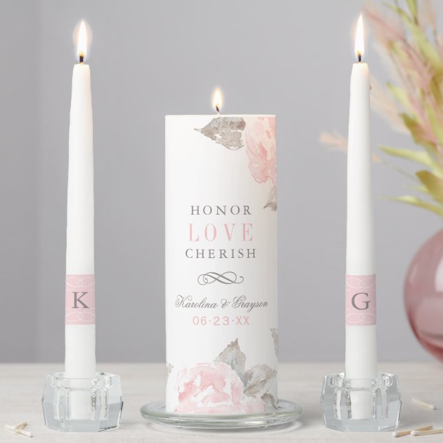 Honor Love Cherish Pink Watercolor Rose Wedding Unity Candle Set (In Situ)