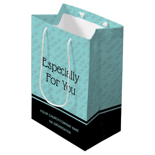 HONOR THE LORD Personalized Church Business Aqua Medium Gift Bag (Front Angled)