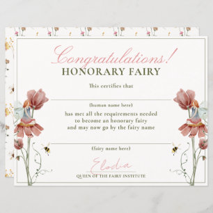 Honorary Fairy First Vintage Floral Certificate