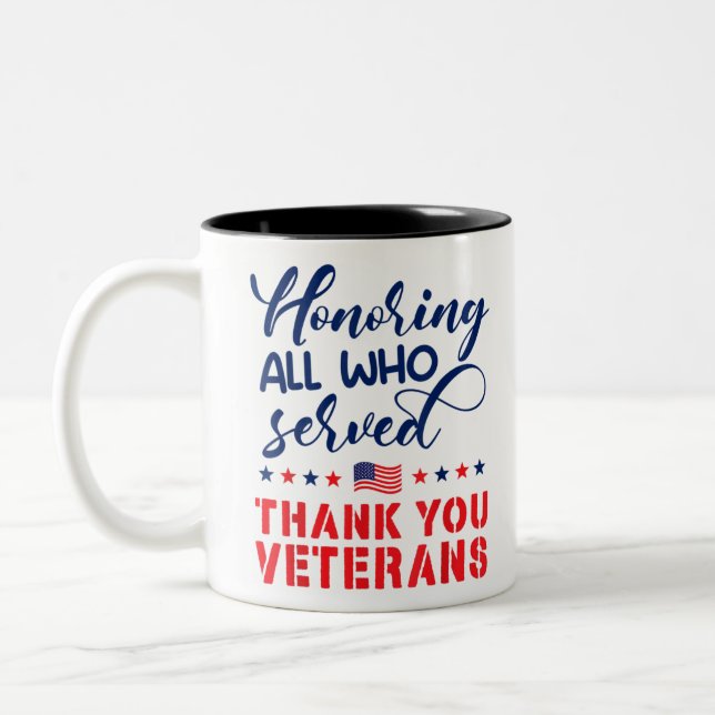 Honoring All Who Served Military Flag Thank You Ve Two-Tone Coffee Mug (Left)