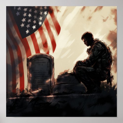 Honoring Heroes _ Soldier Kneeling at Gravestone i Poster