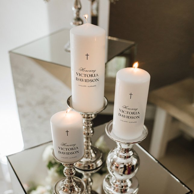 Honoring name elegant black lettering memorial pillar candle (Perfect memorial symbol)