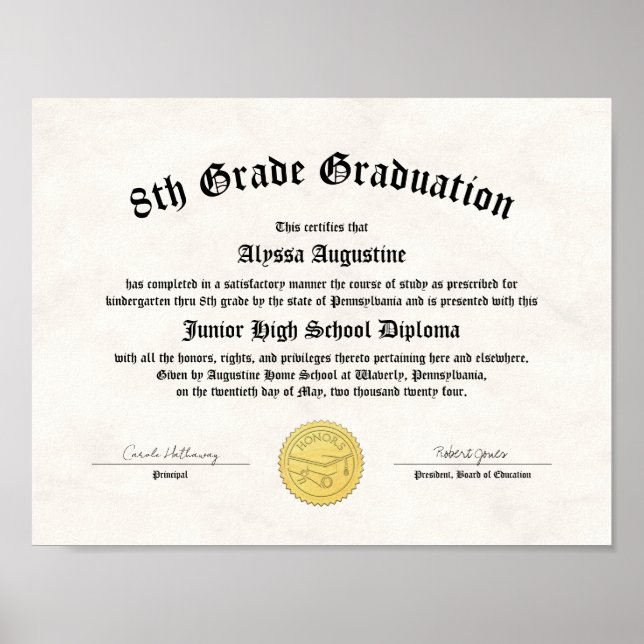 Honors 5th 8th Grade Graduation Homeschool Diploma Poster (Front)