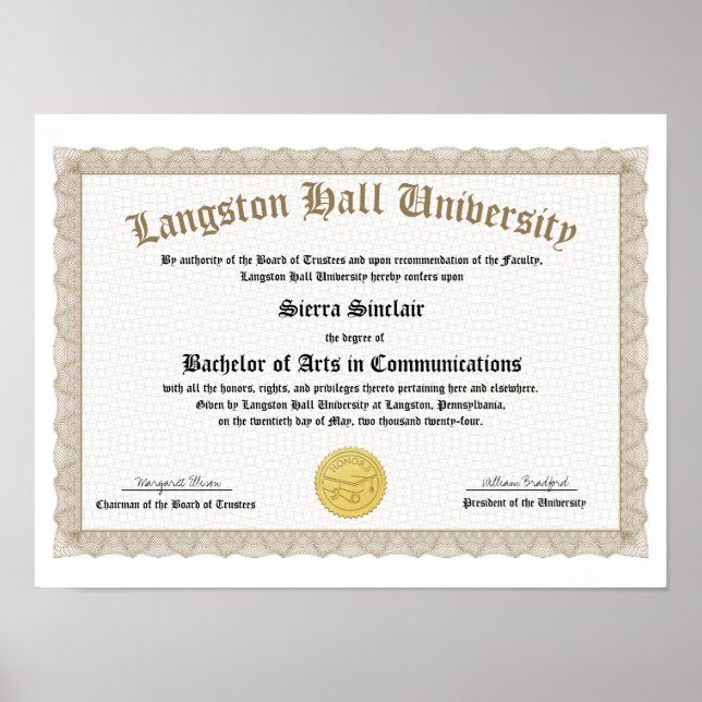 Honors College or University Diploma Replica Poster (Front)
