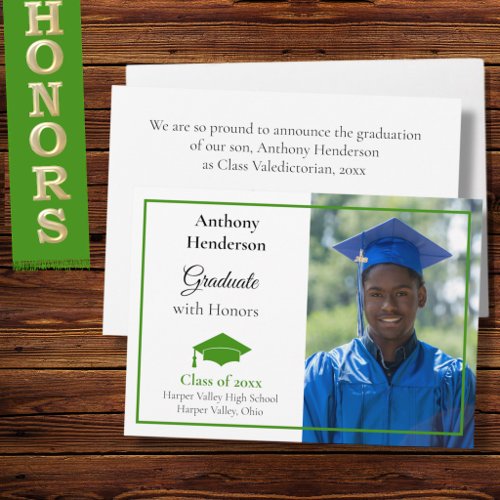 Honors Graduation Announcement Green Cap and Photo