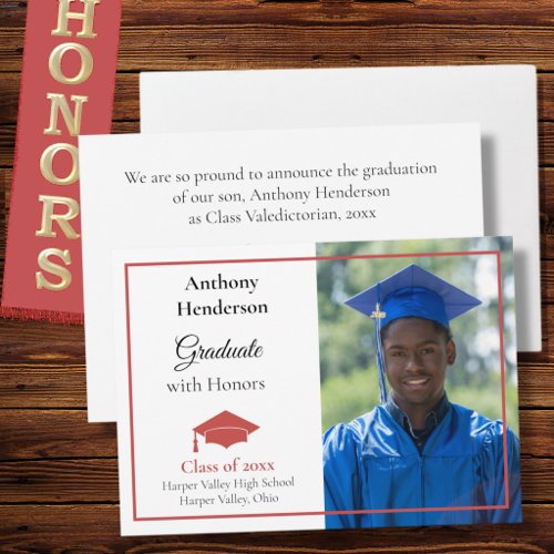 Honors Graduation Announcement Red Cap and Photo