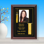 Honors Graduation Gold Photo Award Plaque<br><div class="desc">Commemorate a special senior graduating with honors with this easily customizable photo plaque. Gold tassel and honors banner accents on a black background. Replace photo and edit the pre-formatted text details in the easy Zazzle editor. Available in 7 colors: White, black, purple, red, green, gold and blue. Created with purchased...</div>