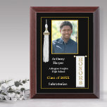 Honors Graduation White Photo Award Plaque<br><div class="desc">Commemorate a special senior graduating with honors with this easily customizable photo plaque. White tassel and honors banner accents on a black background. Replace photo and edit the pre-formatted text details in the easy Zazzle editor. Available in 7 school colors: White, black, purple, red, green, gold and blue. Created with...</div>