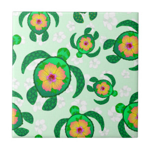 Honu Green Sea Turtles Hibiscus Flowers Ceramic Tile