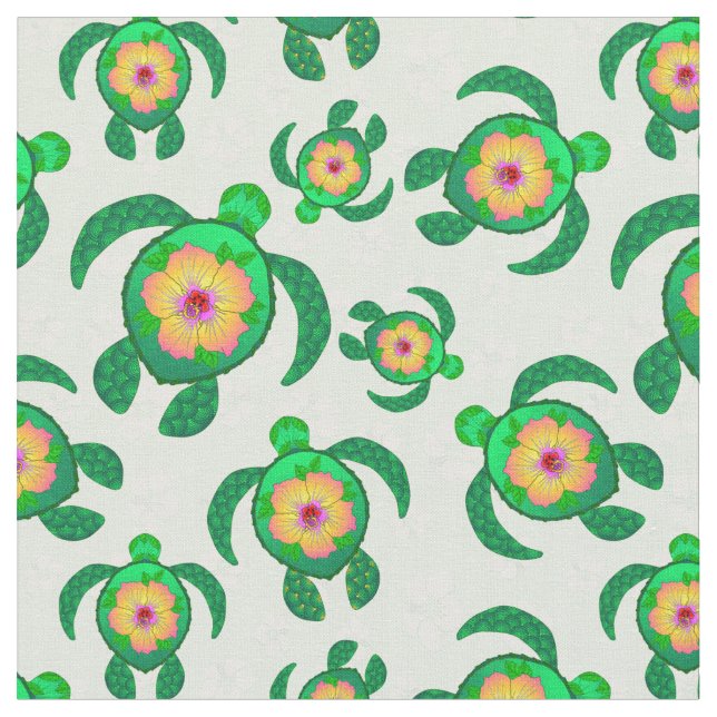 Honu Green Sea Turtles Hibiscus Flowers Fabric (Close Up)