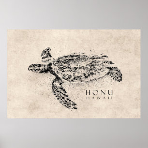 Honu Hawaiian Sea Turtle on Vintage Parchment Poster