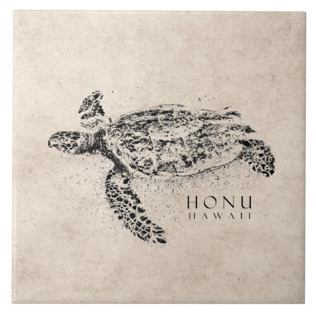 Honu Hawaiian Sea Turtle on Vintage Parchment Tile (Front)