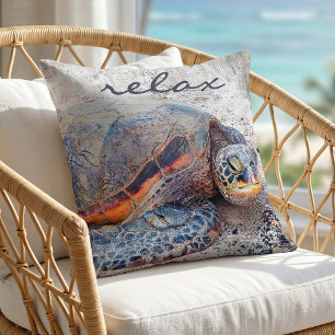 Honu Hawaiian Sea Turtle Photo Relax Script Bold Throw Pillow