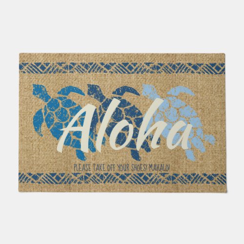 Honu Sea Triple Turtle Hawaiian Tapa Blue Doormat