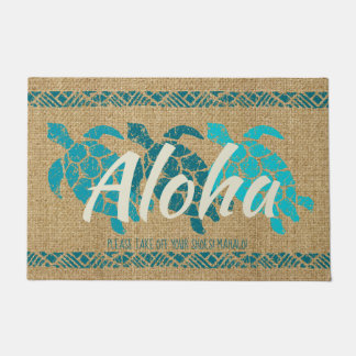 Honu Sea Triple Turtle Hawaiian Tapa Teal Doormat