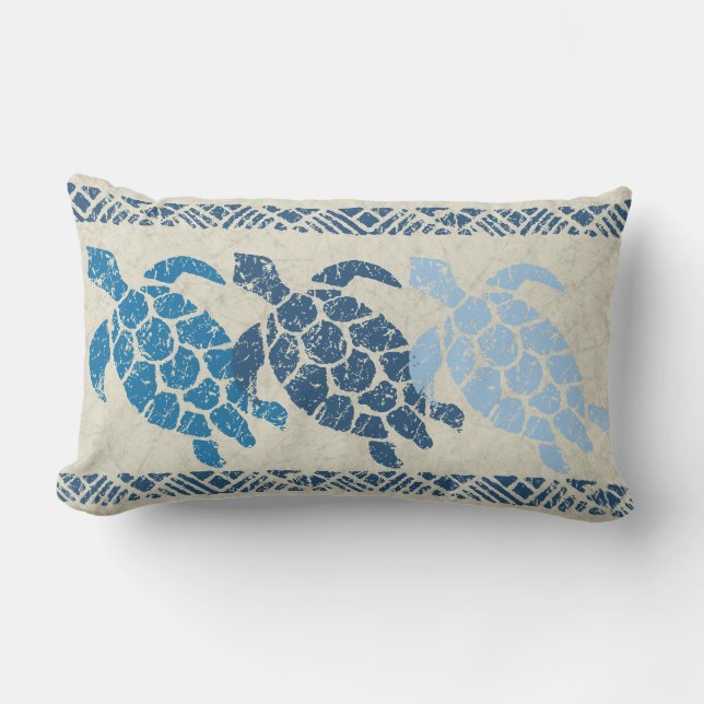 Honu Sea Turtle Hawaiian Reversible Batik - Indigo Lumbar Pillow (Front)