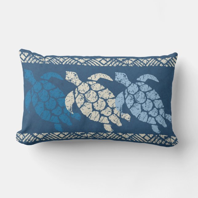 Honu Sea Turtle Hawaiian Reversible Batik - Indigo Lumbar Pillow (Front)
