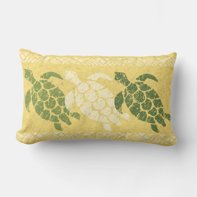 Honu Sea Turtle Hawaiian Reversible Batik - Olive Lumbar Pillow (Front)