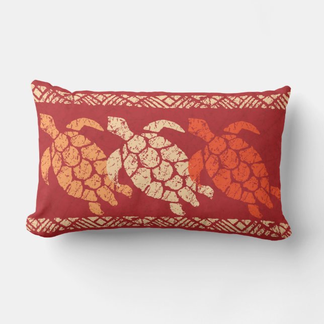 Honu Sea Turtle Hawaiian Reversible Batik - Red Lumbar Pillow (Front)