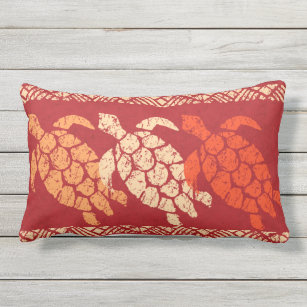 Honu Sea Turtle Hawaiian Reversible Batik - Red Lumbar Pillow
