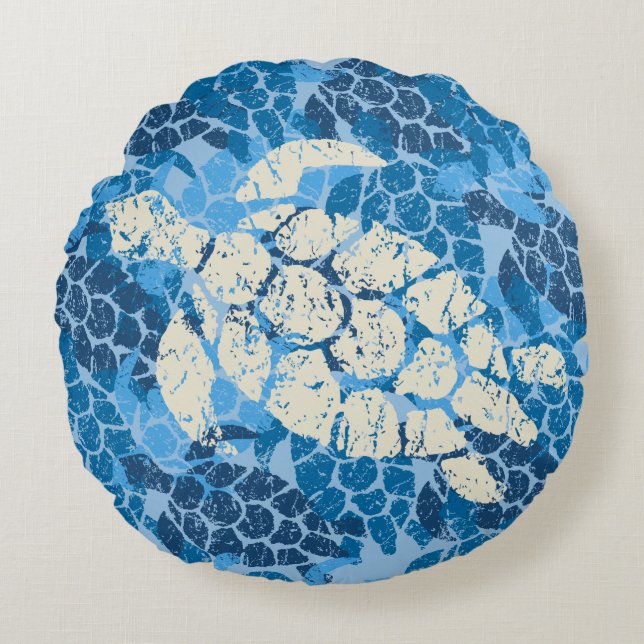Honu Sea Turtle Hawaiian Reversible Indigo Round Pillow (Front)