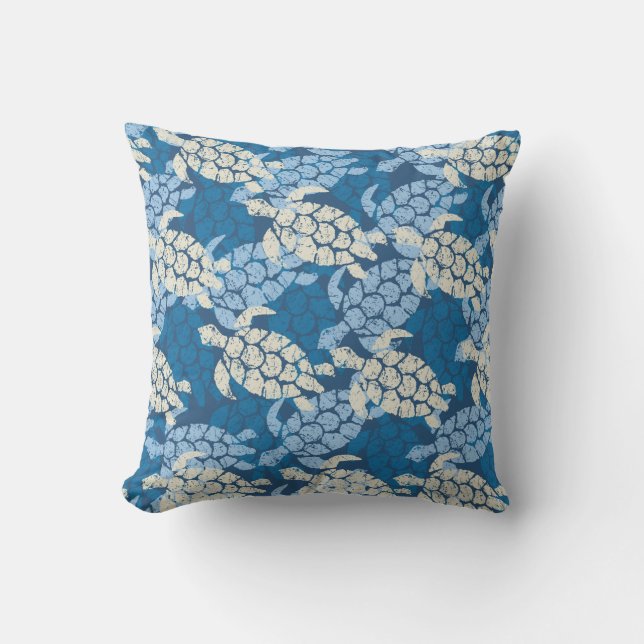 Honu Sea Turtle Hawaiian Reversible Outdoor Indigo Throw Pillow (Front)
