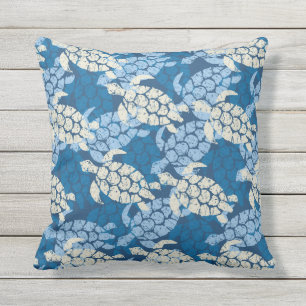 Honu Sea Turtle Hawaiian Reversible Outdoor Indigo Throw Pillow