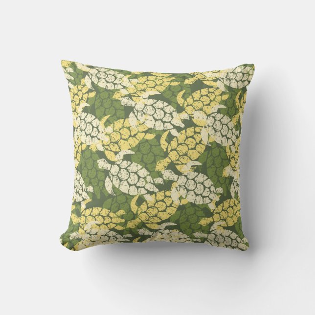 Honu Sea Turtle Hawaiian Reversible Outdoor Olive Throw Pillow (Front)