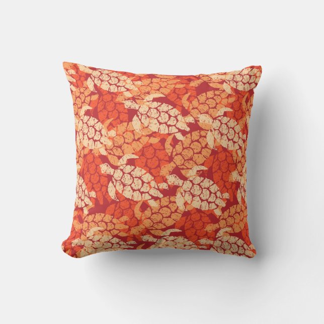 Honu Sea Turtle Hawaiian Reversible Outdoor Orange Pillow (Front)