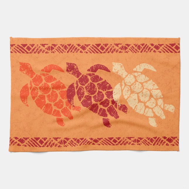 Honu Sea Turtle Hawaiian Tapa Batik -Papaya Kitchen Towel (Horizontal)