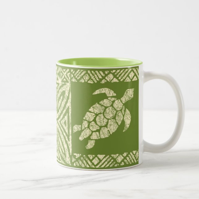 Honu Sea Turtle Hawaiian Tapa -Olive Two-Tone Coffee Mug (Right)