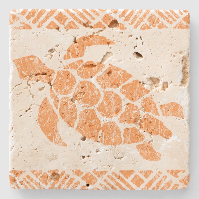 Honu Sea Turtle Hawaiian Tapa -Papaya Stone Coaster (Front)