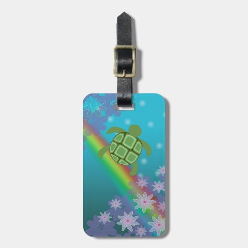 Honu Sea Turtle Tropical Swim Rainbow and Flowers Luggage Tag