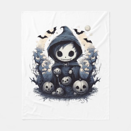 Hooded Chibi Reaper Halloween _ Whimsical Dark Fan Fleece Blanket