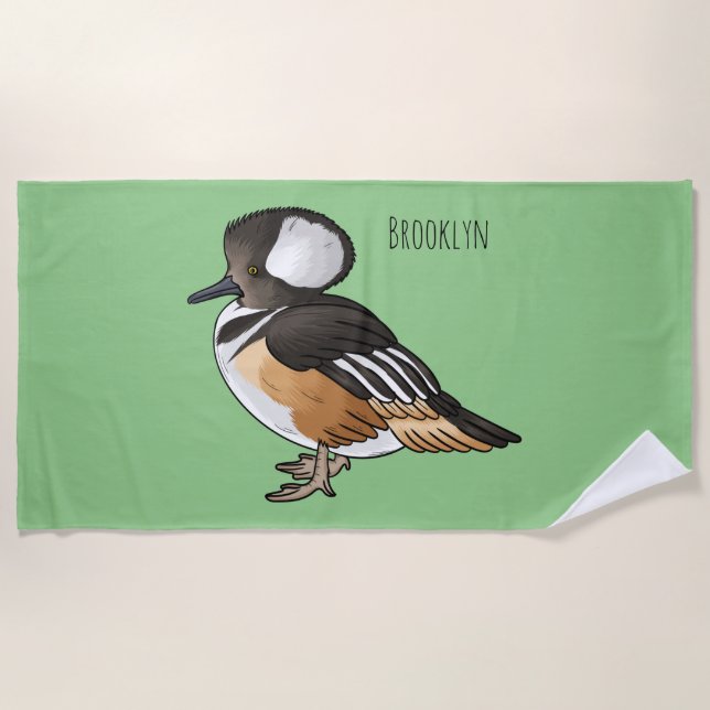  Hooded merganser bird cartoon illustration Beach Towel (Front)