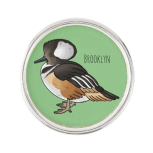 Hooded merganser bird cartoon illustration Lapel Pin