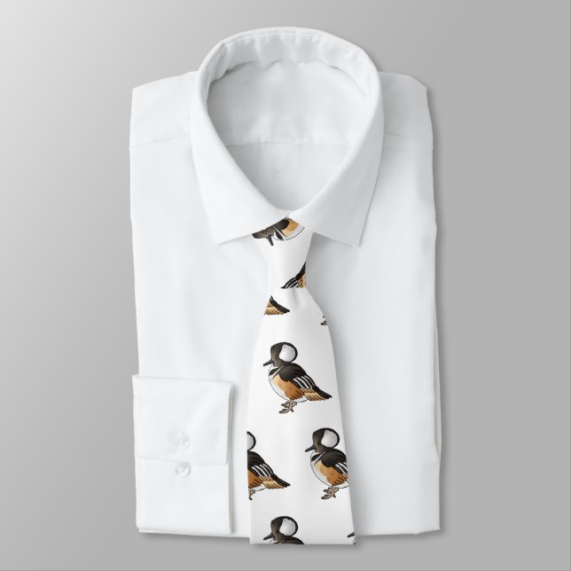  Hooded merganser bird cartoon illustration Neck Tie (Tied)