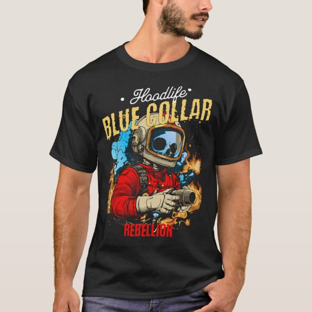 HoodLife Skeleton Welder with Flames and Chains T-Shirt (Front)