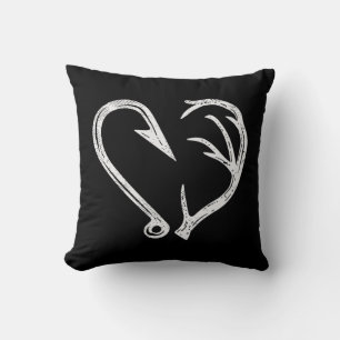 Hook Antler Heart Love Fishing Hunting Fish Deer H Throw Pillow