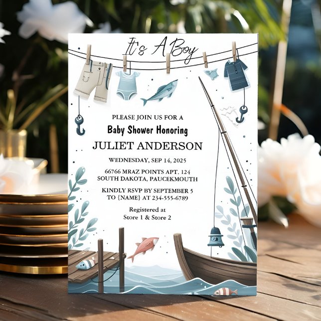 Hook Bait Fun Wood Little Fisherman Baby Shower Invitation (Creator Uploaded)